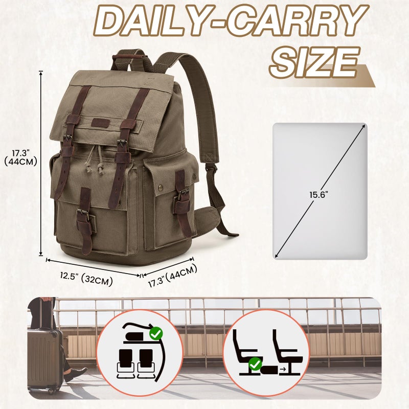 Kattee Menâ€™s Leather Canvas Backpack Large School Bag Travel Rucksack Army Green - Image 3